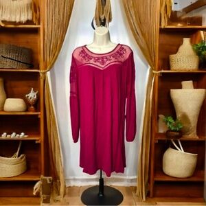 NWT Blue Rain Burgundy Boho Shift Dress with Lace Details Small